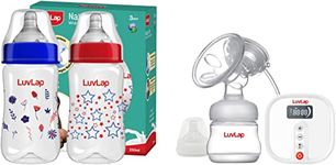 Luvlap Electric Breast Pump with 3 Phase Pumping, Rechargeable Battery, Convertible to Manual Breast Pump, & Anti-Colic Wide Neck Natura Flo Baby Feeding Bottle, 250ml (Pack of 2)