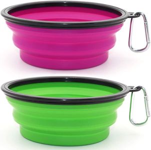 2 Pcs Collapsible Dog Bowl, Silicone Pet Feeding Bowl for Dog Cat Food and Water Feeding Portable Foldable Pet Travel Bowl with Carabiner for Camping or Walking (Large, Green+Purple)