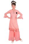 Qeboo Girl's Fit & Flare Casual Dress 3/4 Sleeves Light Orange Georgette Ankle Length Two Piece Kurta & Pajama Dress for Girls of 5 to 6 Years Age