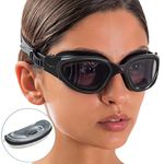 AqtivAqua Swim Goggles Swimming Goggles for Adult Men Women Kids 6-14 Youth Girls Boys Childrens DX-P (All Black frame, Silver case, Shade lens)