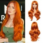 Creamily Wigs For Women Full Head Long Orange Wigs for Women Long Orange Ginger Wavy Wig, Natural Looking Orange Hair Wigs, Easy to Put Orange Curly wig, Heat Resistant Synthetic Wig Halloween Wig Cosplay Wig