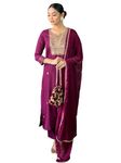 Naixa Women's Wine Rayon Slub Embroidered Straight Kurta with Rayon Slub Pant and Chinon Laced Dupatta Sets (NX-554-Wine-XS)