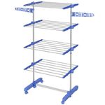 HOMCOM 4-Tier Clothes Airer, Foldable Clothes Drying Rack, Stainless Steel Indoor and Outdoor Clothes Dryer with Wheels and Wings, Easy Assembly, 142 x 55 x 172cm, Blue