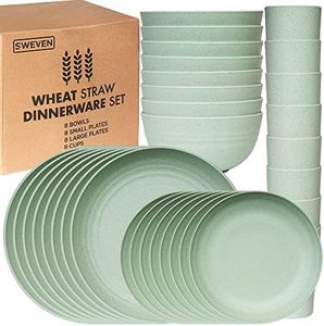 Wheat Straw Dinnerware Sets | Unbreakable Dinnerware Sets | Dishwasher Microwave Safe Dinnerware | Eco Friendly Non Breakable Dinnerware Sets | RV Outdoor Camping (Green, Service for 8 (32 pcs))