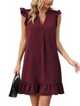 Famulily Summer Casual Dresses Womens V Neck Sleeveless Ruffles Trim Solid Above Knee Mini A-line Smocked Sundress Wine Red M