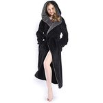 KEMUSI Hooded Black Herringbone Women's Soft Spa Long Kimono Bathrobe,Comfy Full Length Warm Nightdress(M)