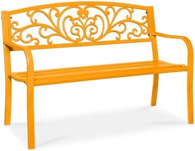 Best Choice Products Outdoor Bench Steel Garden Patio Porch Furniture for Lawn, Park, Deck w/Floral Design Backrest, Slatted Seat - Marigold