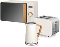 Swan STRP1060WHTN, Nordic Kitchen Bundle with 1.7 Litre Jug Kettle, 2 Slice Toaster, and 800W Microwave, Wood Effect Handle, Soft Touch Matte Finish, Cotton White