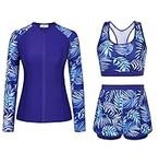 Rash Guard Swimwear Womens,Ladies Long Sleeve Swimsuit ,Swimming Costume Women, Tummy Control Swimwear Rash Guard Swimsuit Bikini Top & High Waist Boyshorts Zipper Modest Swimwear Bathing Suit