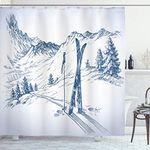 Winter Decorations Shower Curtain by Ambesonne, Sketchy Graphic of a Downhill with Ski Elements in Snow Relax Calm View, Fabric Bathroom Decor Set with Hooks, 70 Inches, Blue White