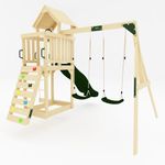 GALACTICA Outdoor Wooden Swing and Slide Set for Kids, 2 Seats, Steering Wheel, Handles, Rock Wall & Rope Ladder, Telescope, Sturdy Weather-Resistant Frame