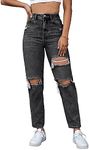 SweatyRocks Women's High Waist Slant Pocket Denim Jeans Ripped Straight Leg Pants Deep Grey XS