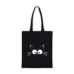 Clapcart Black Canvas Tote Bag for Women | Printed Multipurpose Cotton Bags | Cute Hand Bag for Girls (Cat Face Art Print)