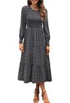 Zattcas Womens Fall Dresses 2024 Casual Long Sleeve Smocked Boho Floral Tiered Midi Wedding Guest Dress with Pockets, Black, Large