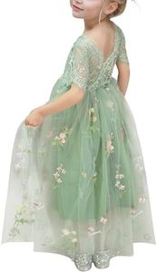 DeeFant Flower Girl Lace Back V-Neck Dress Full-Length Floral Embroidered Toddler Tutu Tulle Dresses for Girls, Light Green