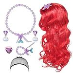 LOOPES 7Pcs Mermaid Costume Wig Set,Princess Red Long Curly Wig Hair with Mermaid Tail Necklaces Jewellery Accessories Dress Up Little Mermaid Gifts for Girls Kids Cosplay Christmas Halloween Birthday