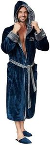 Lotus Linen Mens Plush Robe, Soft Hooded Long Robes for Men, Luxury mens bathrobes (US, Alpha, 3X-Large, Regular, Regular, Navy-Dark Grey Personalize)
