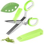 Joyoldelf Gourmet Herb Scissors Set - Master Culinary Multipurpose Cutting Shears with Stainless Steel 5 Blades, Safety Cover and Cleaning Comb for Cutting Cilantro Onion Salad (Green)