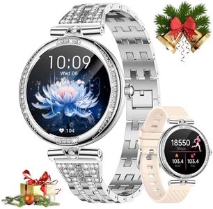 Smart Watches for Women, 1.19" AMOLED Always-on Display Diamond Smart Watch with Bluetooth Call, Blood Pressure/SpO2/Heart Rate Monitor, Waterproof Pedometer Silver Ladies Smartwatch for Android iOS