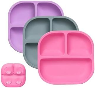 BABELIO Powerful Suction Plates for Baby and Toddler, 100% Food Grand Silicone, Divided, BPA Free, Microwave & Dishwasher Safe, Stay Put, 3 Pack