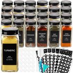 AISIPRIN 24 Pcs Glass Spice Jars with 398 Labels, 4oz Empty Square Containers Seasoning Bottles - Shaker Lids, Funnel, Brush and Marker Included(Black Metal Caps)