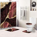 Goodbath Marble Shower Curtain Set, Luxury Abstract Red Marble Agate Mosaic Golden Veins Bathroom Sets with Shower Curtain and rugs, Toilet Lid Rug, Contour Mat and Bath Mat, 12 Hooks