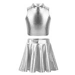 Doomiva Kids Girls Roller Skating Skater Dancing Competitions Mini Skirt Shiny Metallic Athletic Dancewear with Sleeveless Tank Tops Silver 12 Years