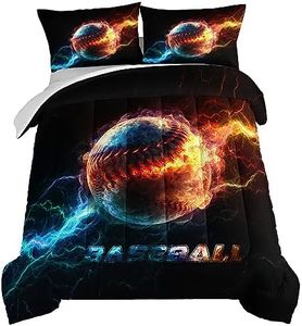 HOSIMA Baseball Comforter,Flame Lightning Bed in a Bag Queen Comforter Set Sports Themed Bedroom Decor,Dorm Room Essentials for College Students Boys Soft Microfiber Black Comforter.