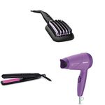 PHILIPS BHH880/10 Hair Straightening Brush with Keratin Infused Bristles, Black and Philips Essential HP8302/00 Selfie Straightener, Black and Philips HP8100/46 1000 Watts Hair Dryer, Purple