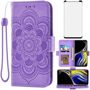 Asuwish Compatible with Samsung Galaxy Note 9 Wallet Case and Tempered Glass Screen Protector Leather Flip Credit Card Holder Cell Phone Cover for Galaxies Note9 Gaxaly Glaxay Not S9 Women Men Purple
