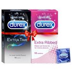 Durex Pleasure Packs (Extra Time 10s, Extra Ribbed 10s)- Pack of 2