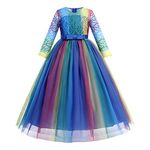 IWEMEK Flower Girls 3/4 Sleeve Floral Lace Tulle First Communion Pageant Dresses Kids Big Girls Princess Birthday Christmas Bridesmaid Wedding Party Prom Ball Gown 23 Blue Rainbow 5-6 Years