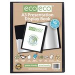 eco-eco A3 Size 50% Recycled 40 Pocket Black Presentation Display Book, Storage Case Portfolio Art Folder with Plastic Sleeves