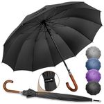 ZOMAKE Large Stick Umbrella Wooden Handle 55 Inch - Automatic Classic Golf Umbrella 12 Rids Business Umbrella J Handle for Walking, Big Umbrellas Windproof Grand Parapluie for Men women(Black)