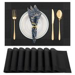 Winknowl Placemats, Set of 8 Heat Resistant Stain Resistant Non-Slip Woven Vinyl Insulation Placemats, Washable Durable Elegant Table Mats for Kitchen Dining (Black)