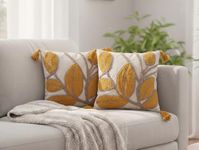Furnistitchs Handmade Cotton Bohemian Home Decor Cushion Cover 24x24 inches / 60x60 cms - Boho Chic Couch Sofa Throw Living Room Bedroom Cushions (2, Mustard Leaves)