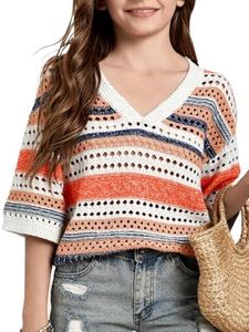 Seiciviy Girls Spring Summer Tops School Picture Day 3/4 Short Sleeve Trendy Sweaters Crochet V Neck Hollow Out Teen Fashion Orange