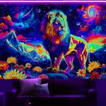 Blacklight Lion Tapestry for Men, Cool Neon Trippy Galaxy Space Tapestry UV Reactive Tapestry Hippie Floral Plants Glow in The Dark Tapestry Magic Mountain Art Wall Hanging for Living Room, 60X40