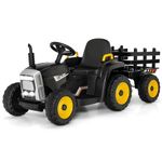 HONEY JOY Ride On Tractor with Trailor, 12V Electric Vehicle for Kids, 3-Gear-Shift Ground Loader, LED Lights, Horn, Music, Battery Powered Ride On Car with Remote Control, Gift for Boys Girls (Black)