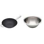 MasterClass Non Stick Steel Wok, Carbon, Black, 35.5cm & Chef Aid Bowl - Stainless Steel 13.6cm