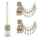 EVY Full Mirror Style Huge Fancy Gold Plated Traditional Earring With Mangtikka for Women | Perfect for Gift & Suitable for All Occasion (Cream)