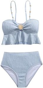 OYOANGLE Girl's Two Piece Metallic Shell Bikini Sets Cut Out Ruffle Top High Waist Hipster Swimsuit Blue 9Y