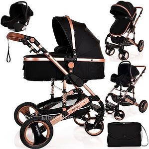 Baby Pram Pushchair Buggy with Car Seat Lightweight Stroller Folding Strollers 3 in1 Travel System Baby Trolley Baby Pram for Newborns Toddlers 0-36 Months from Birtn (Black - Rose Gold Frame)