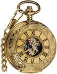 VIGOROSO Mens Pocket Watch with Chain Half Hunter Double Cover Skeleton Mechanical Watches Gold Roman Numeral in Box