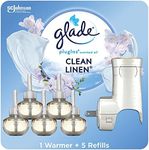 Glade PlugIns Scented Oil Warmer and Clean Linen Starter Kit (Warmer + 5 Refills), Essential Oil Infused Wall Plug In, Up to 50 Days of Continuous Fragrance, 3.35 FL OZ, Pack of 5