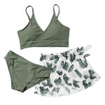 Savlot Girls Swimsuit 3 Piece Bathing Suits Floral Printed Bikini Set with Skirts Cover Up Girls Surfing Beach Swimwear Green White