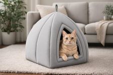 ZEXSAZONE 2-in-1 Grey Cat House & Dog Bed | Foldable Igloo Pet House for Small Dogs & Cats | Soft Plush Washable Cushion | Warm Cozy Indoor Puppy Bed | Collapsible Summer Pet Cave | Non-Slip Bottom