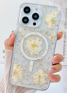 ELEPIK Real Flower Series for iPhone 14 Pro Case Clear, [Compatible with MagSafe] [Handmade Real Flower Design] Cute Floral Slim Protective Women Girl Phone Cover (Fashion White)