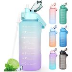 Water Bottle 2L BPA Free Sport Drinks Jug with Time Marking & Lock Cover, Leak Proof 2 Liters Water Bottle with Portable Handle, Green Water Canteen Bottle