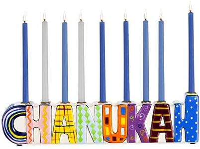 Rite Lite Chanukah Multicolor Menorah - Hand Painted Ceramic Colorful Menorah Whimsical Designs Kids for Hanukkah Gifts Jewish Holiday Party Favors Festival of Lights